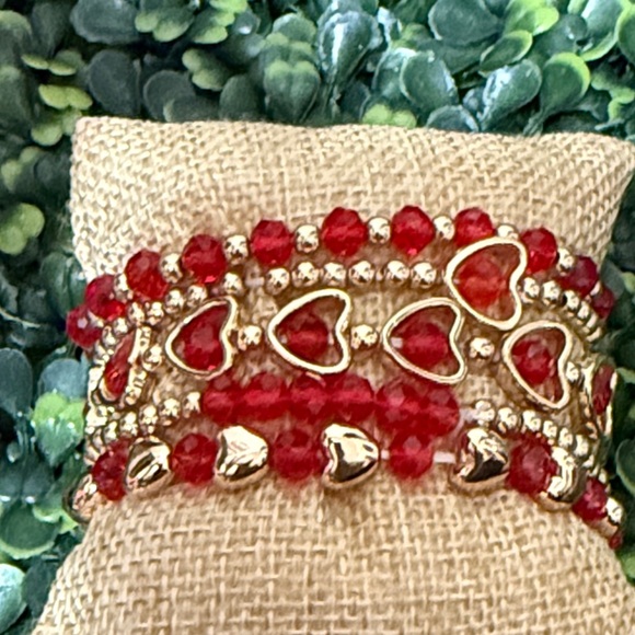 Red and Gold Beaded Charm Bracelet Set Stack - Picture 5 of 5